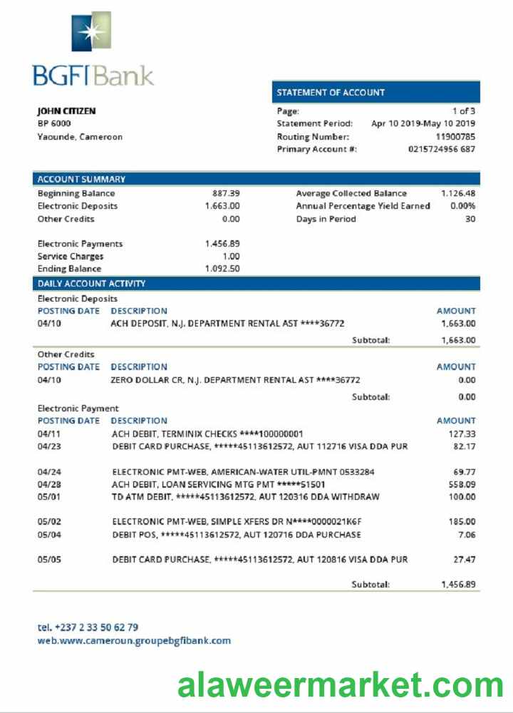 Cameroon BGFI Bank statement template, Word and PDF format